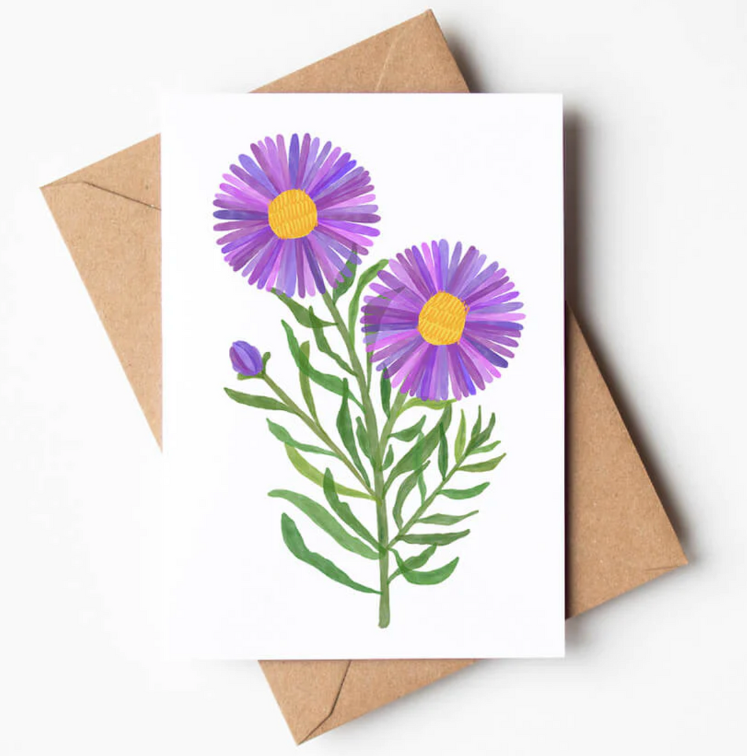 Purple Asters Floral Botanical Eco-Friendly Greeting Card by Bert and Roxy